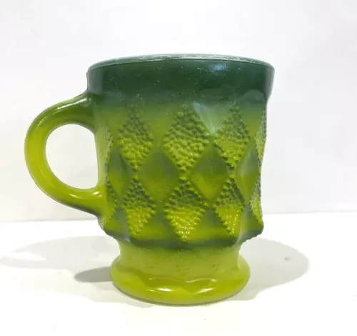 Vintage Anchor Hocking Fire King Green Coffee Cup Mug Kimberly Diamond Pattern
