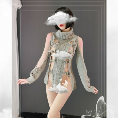 Women Turtleneck Sweater Lingerie Butterfly Hollow Backless Sleepwear Shabby Top
