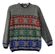VTG Women's Fair Isle Sweater Gray Nordic Snowflake Holiday 80s 90s USA L