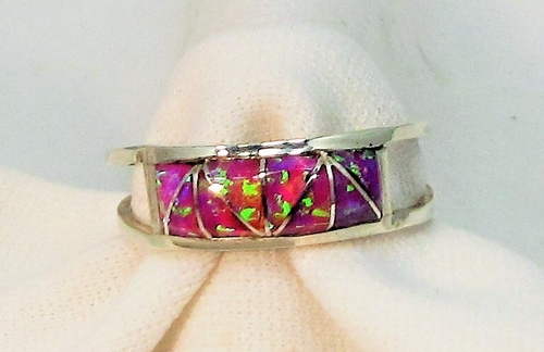 Native American Ring Size 8 1/2 Navajo Lab Created Opal Inlaid Signed GMI #719