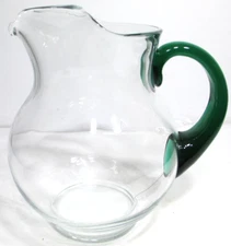 Libbey Crisa Glass Pitcher Clear with Green Applied Handle 8 3/4" Tall