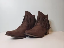 Roper Womens 9 Ankle Booties Brown Faux Leather Fringy Cowboy Boots Western NWOT