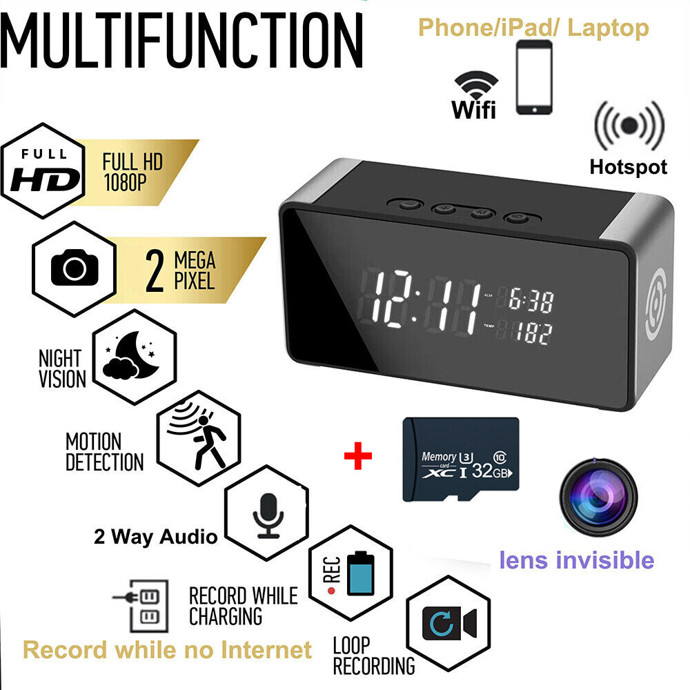 WiFi Alarm Clock Camera Night Vision HD 1080P Motion Sensor Security