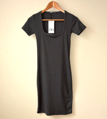 EX ZARA CHARCOAL RIBBED SQUARE NECK SHORT SLEEVE STRETCH MIDI DRESS SIZE M-L-XL