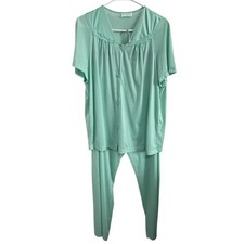 Vanity Fair Pajama Set Womens Large Mint Green Button Top Elastic Waist Vintage