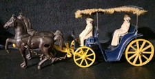 VINTAGE STANELY TOY CAST IRON 2 HORSE CARRIAGE SURREY/FRINGE CANOPY
