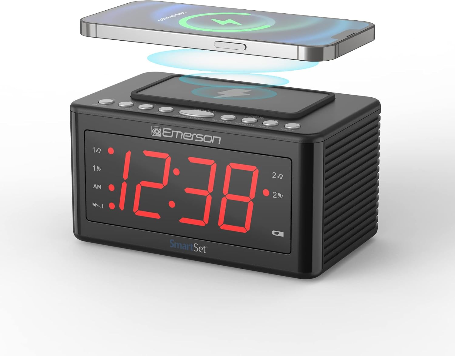 CKSW0555 Smartset Wireless Charging Alarm Clock Radio Featuring a Large