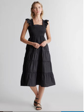 Quince Midi Dress Womens 100% Organic Cotton Poplin Smocked Black Size Medium