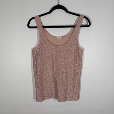 J. Crew Women SZ S Pink Lace Overlay Henley Button Front Scoop Neck Tank Top