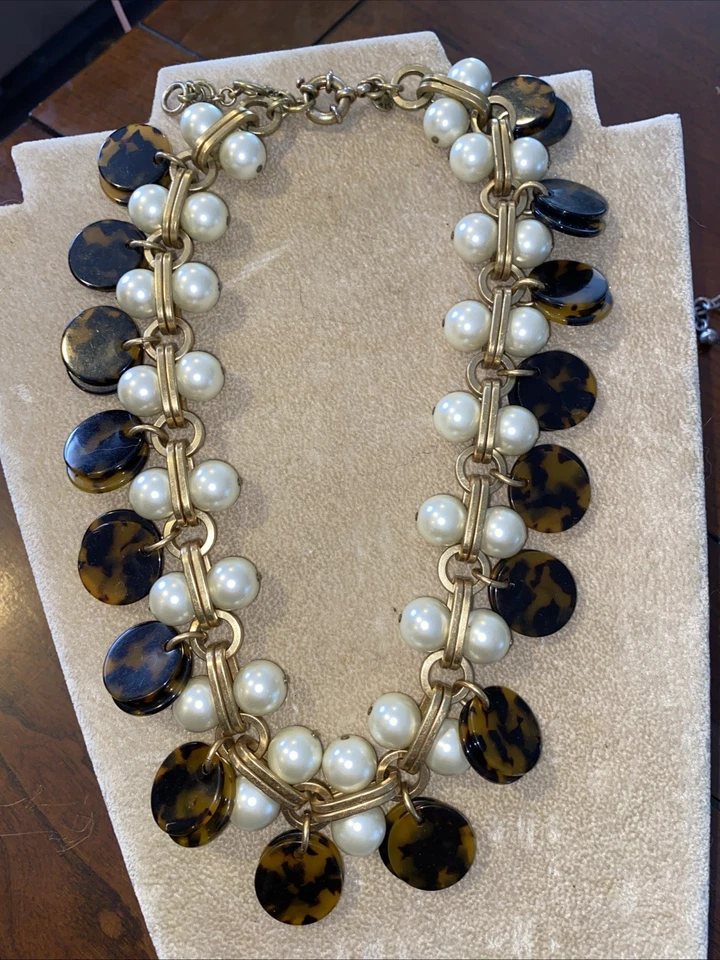 Collar J.Crew Cepillado Tono Dorado Eslabón Perla Disco Tortuga Grueso Distintivo