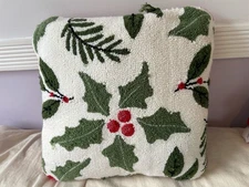 Holly Sprig Hooked Pillow - Christmas pillow