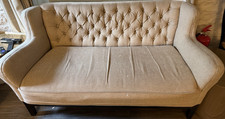 Beige Chesterfield Back 2-Seater Sofa, Woven Fabric, Pad Arms, 150cm Wide
