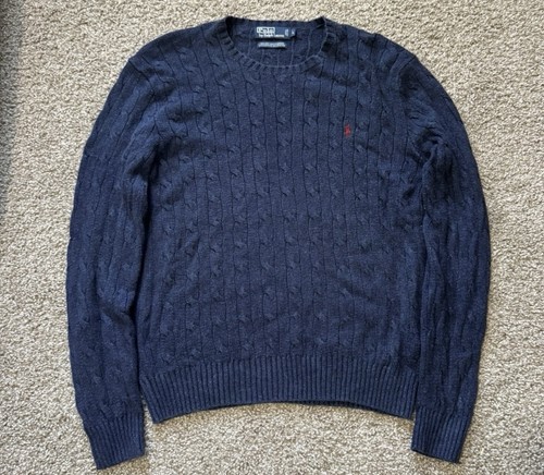 Vintage 90s Polo Ralph Lauren Silk Cashmere Cable Knit Sweater Navy Crewneck L - Image 1