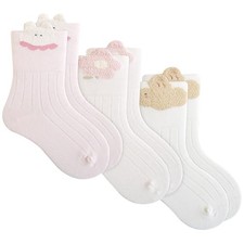 Baby Crew Socks, Set of 3 Cartoon Fuzzy Cotton Infant 3-5T Wonderful Garden