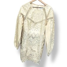 Ivory Cream Embroidered  Balloon Sleeves Lined Statement Dress Womens Size 10