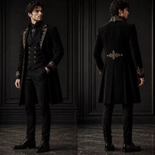 Men's Suits Gothic Court Long Tailcoat 3 Pcs Gold Embroidered Vintage Wedding