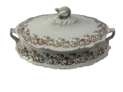 HUDSON by Homer Laughlin Gold White Oval 10 in Casserole w Lid Discontinued 1928