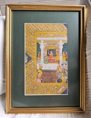 Antikes indisches Original Miniatur Mogul Gemälde Shah Jahan Akbar Palast Szene