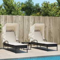 Sonnenliegen 2Er Set Mit Dach Und Tisch Aus Poly-Rattan Schwarz