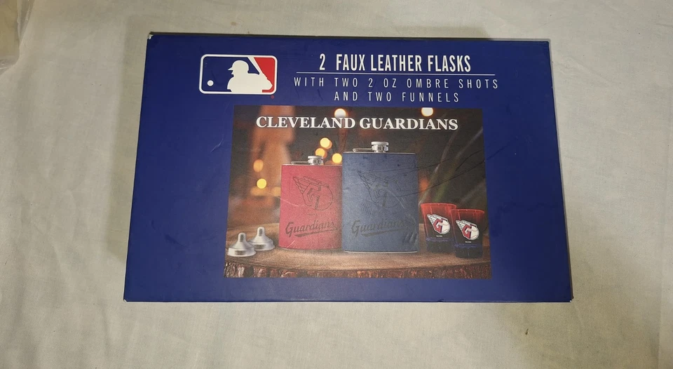 MLB Cleveland Guardians 2 Faux Leather Flasks 2 Ombre Shot Glasses And 2 Funnels - Image 2 of 4