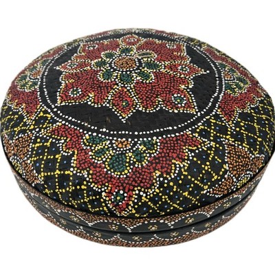 Vtg Large Bali Kaleidoscope Dot Hand Painted Woven Wicker Round Basket w/Lid