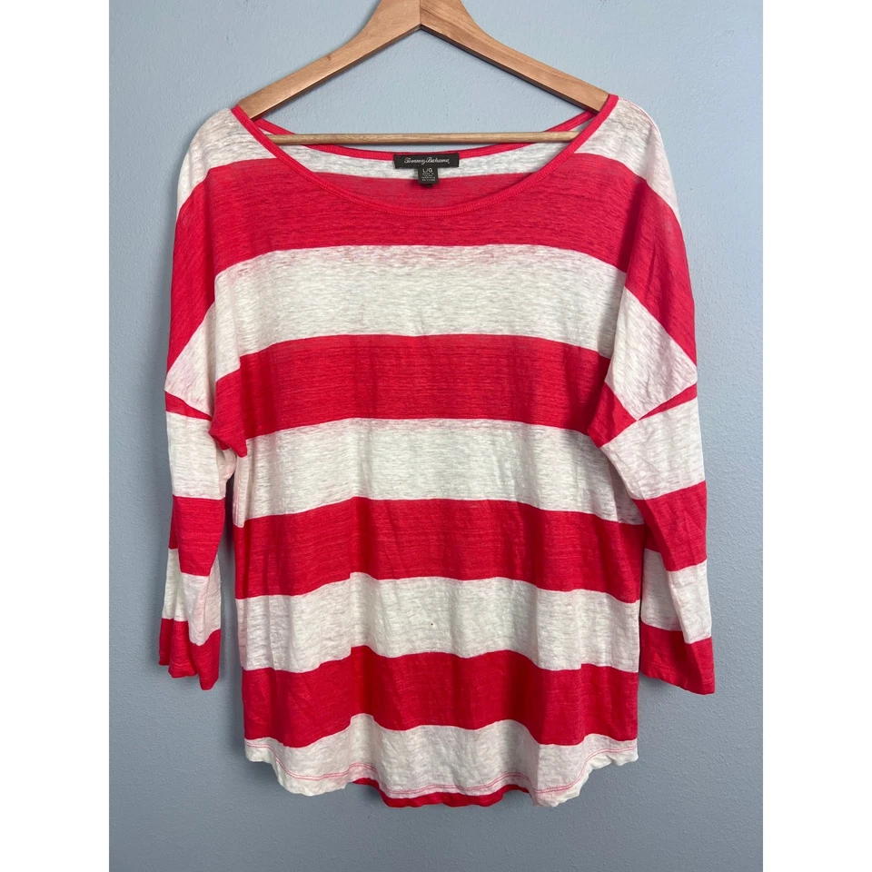 Tommy Bahama Mujer L 100% Lino Rayas Manga 3/4 Náutico Playa Breezy Resort Foto 2 de 4