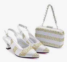 Women s White/Gold Striped Rhinestone Heels Chain Clutch 2-Piece Set 19cm