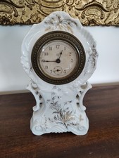 ANTIQUE PORCELAIN MANTLE CLOCK ~ WHITE GOLD ~ MARKED PATENT JULY 16, 1895, W KEY