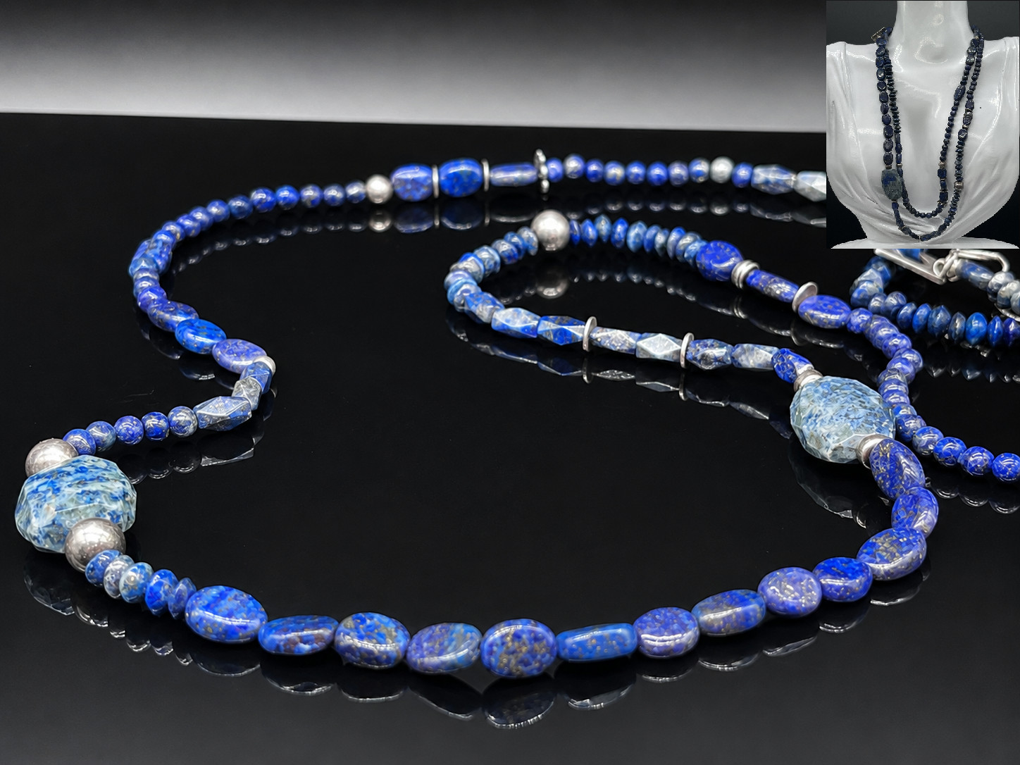 Natural Lapis Lazuli 925 Sterling Silver 38" unidentified pictorial/makers mark