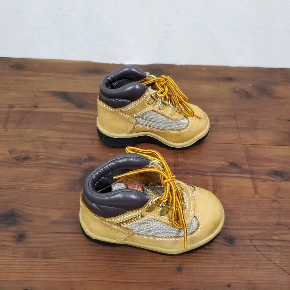 Timberland младенца и ребенка ясельного возраста обувь размер 6 желтовато-коричневый/коричневый кожаный шнурует вверх полевые ботинки - Изображение 3 из 4