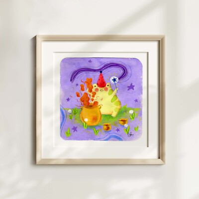 Magischer Topfdruck Frosch Illustration Aquarell Kunst Magier Zeichnung Tier süß