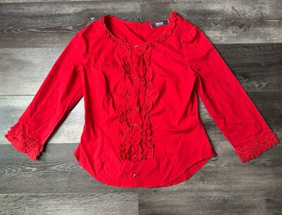 Moschino Vintage Red Top Ruffled Shirt Cheap and Chic Button Up Cotton Size 10