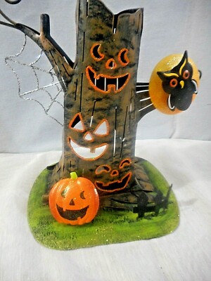 LARGE HALLOWEEN HAUNTED TREE METAL LITE W TEALIGHT OWL JACK O LANTERN 10 x 10''