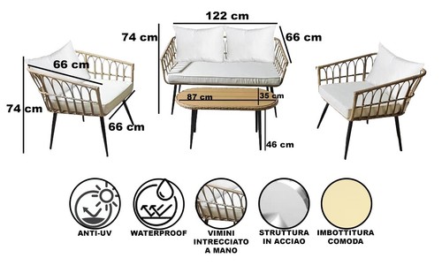 Conjunto De Salón De Exterior En Ratán Y Mimbre Con Mesa Sillones Y Cojines - Imagen 6 de 7