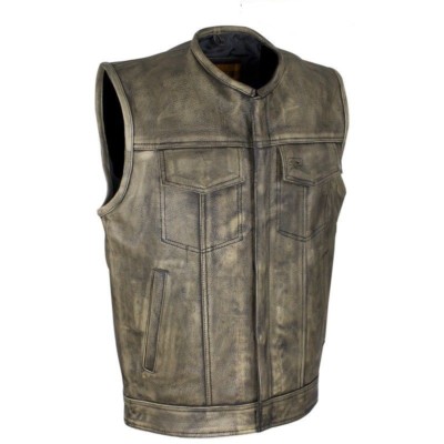 Mens Club Biker Concealed Carry Vest Distressed Brown Leather Motorcycle Biker  