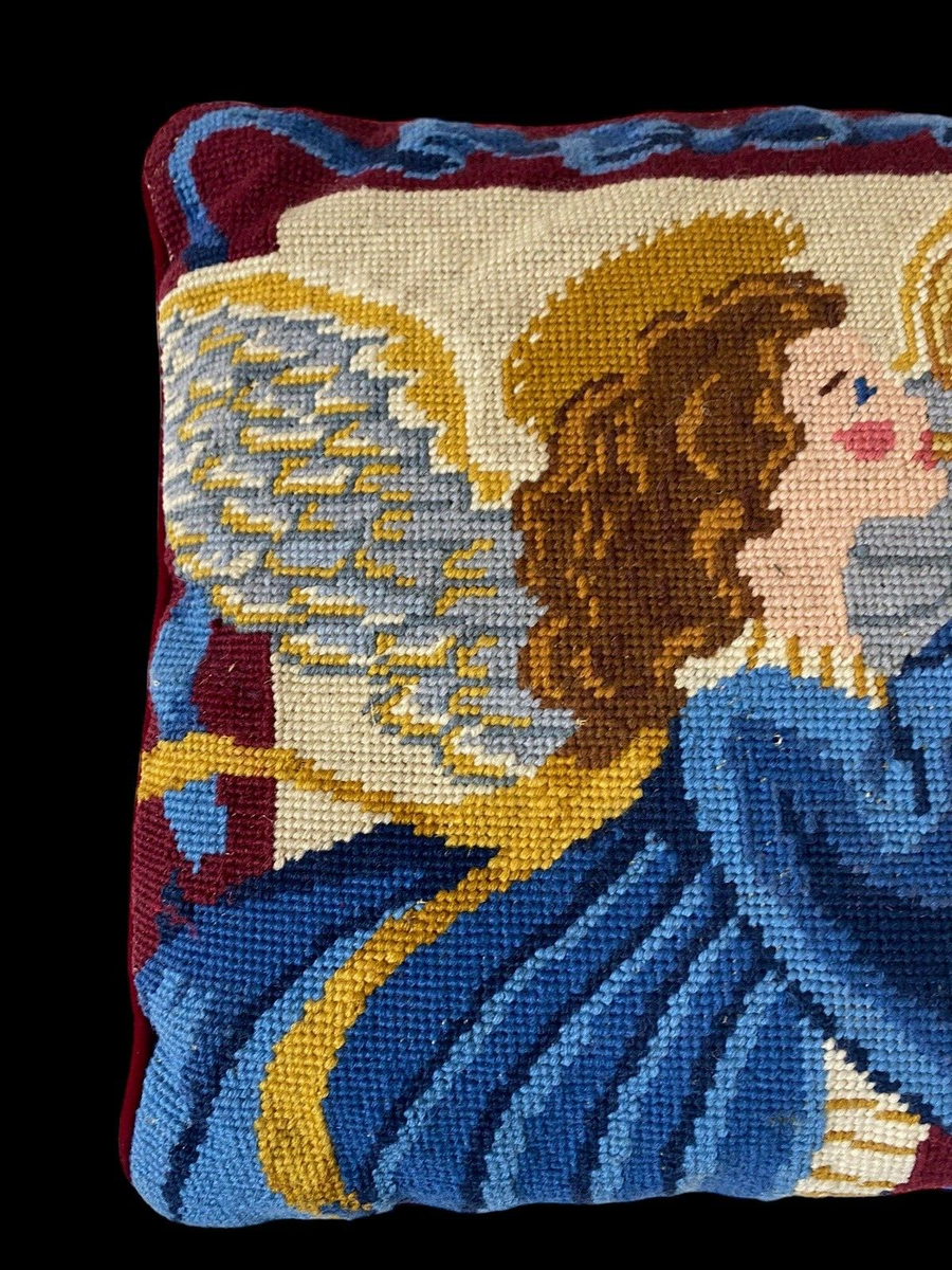Vintage Christmas Pillow Tapestry Needlepoint Angel Romantic