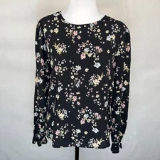 Elodie Women Top Sz L Black Floral Round Neck Keyhole Ruched Sides Ruffle Sleeve
