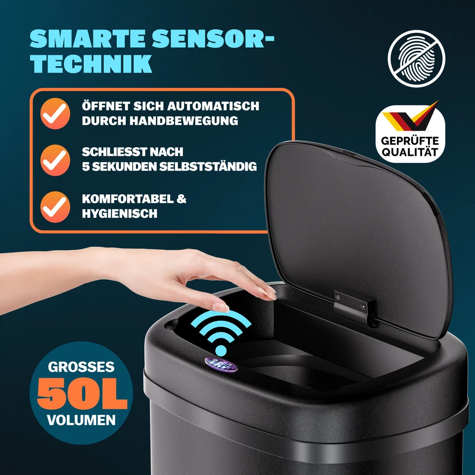 MONZANA® Mülleimer Automatik Sensor Abfalleimer Wasserdicht Küche Edelstahl 50 L - Bild 3 von 4