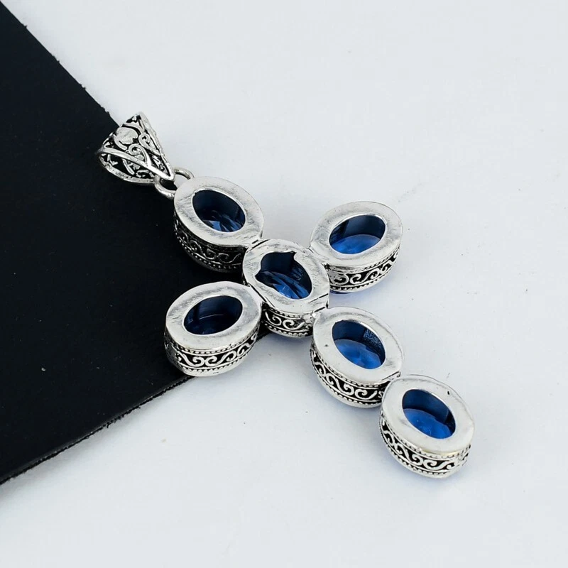 925 Sterling Argento London Topazio Blu Gemma Mano Gioielli Pendente a Croce - Immagine 3 di 4