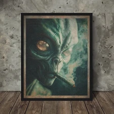 Vintage ALIEN CANNABIS Wall Art, 420 Smoking Pot Sci-fi Decor, Marijuana Cryptid