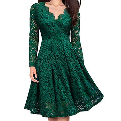 Lässiges langärmliges Damen-Midikleid Spitze sexy V-Ausschnitt Party Cocktailkleider US - Bild 14 von 14