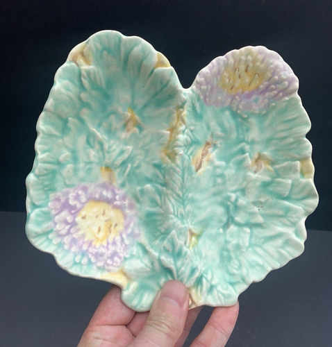 Art Deco AVON WARE POTTERY Floral Majolica Footed Cocktail Dish Green
