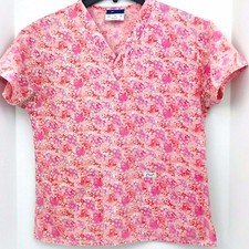 Crest Small Pink With Small White Flowers Scrub Top Medical Nurse Veterinary