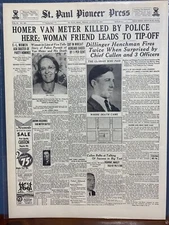 VINTAGE NEWSPAPER HEADLINE HOMER VAN METER DILLINGER GANG SHOT DEAD BY COPS 1934