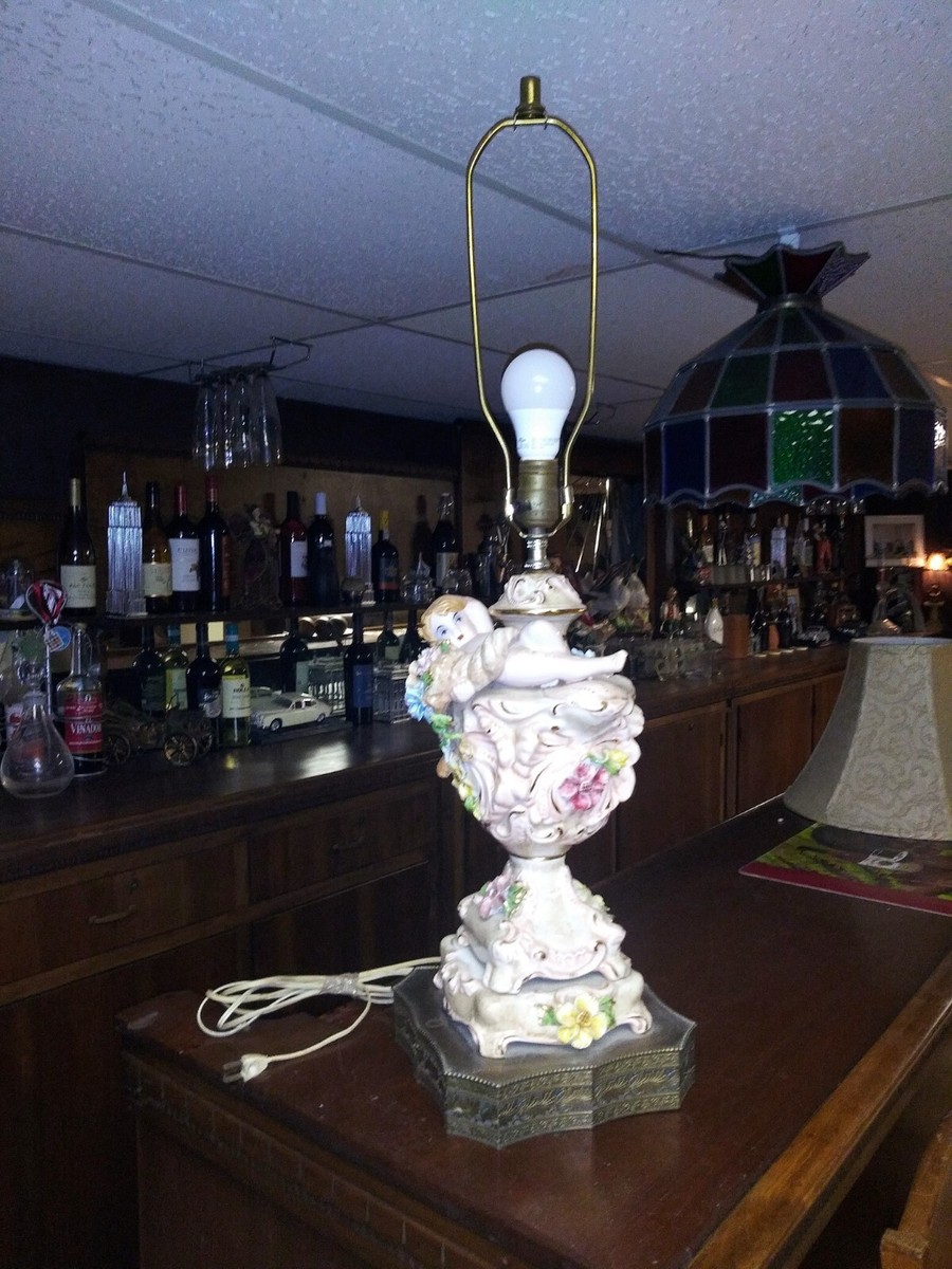 Vintage Large Capodimonte Porcelain Angel Lamp with Metallic base