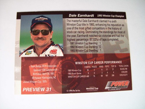 Dale Earnhardt Sr. 1994 Pro Set Power 1993 Winston Cup Champion Anteprima #31 HOF - Foto 2 di 2