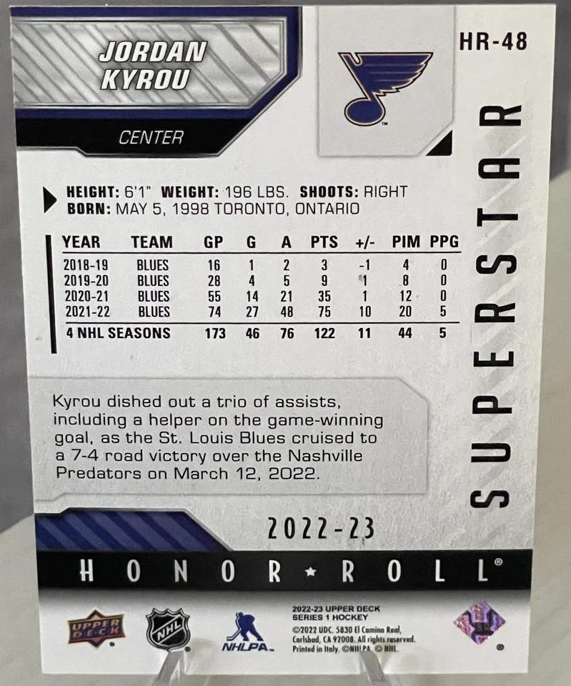 Jordan Kyrou 2022-23 Upper Deck #HR48 Honor Roll Red Rainbow - Image 2 of 2