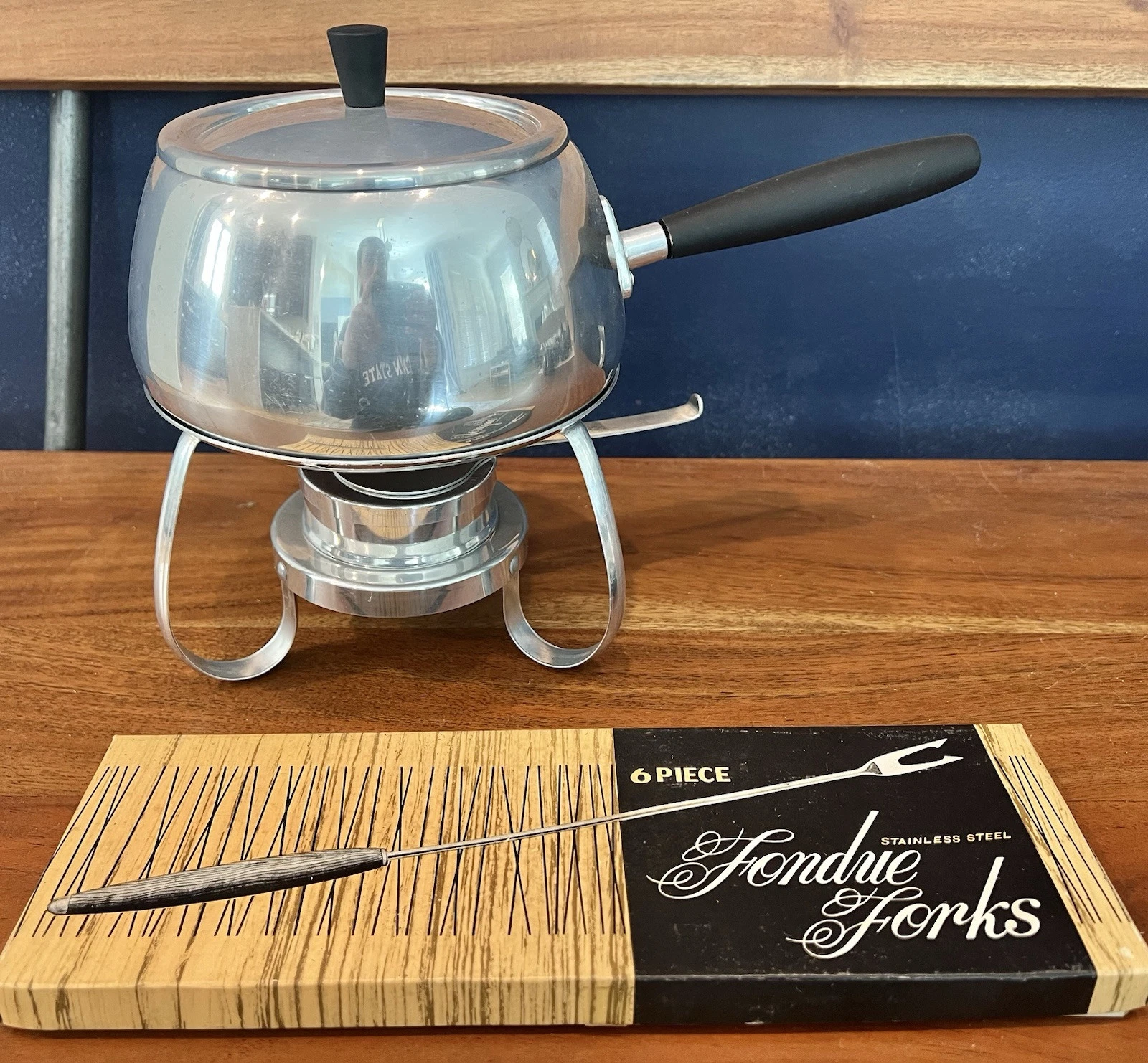 Mid Century Vintage Fondue Set with Pot and Forks Stainless Steel and Wood