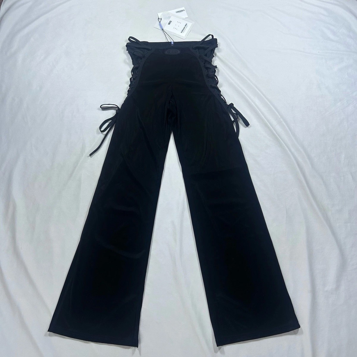 MCQ Alexander McQueen Pants Womens Medium Flared Black Silk Striae 