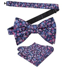 Mens Pre-tied Floral Bow Tie Wedding Party Luxury Pocket 092-navy magenta